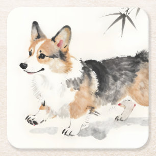 Corgi Watercolor – Whimsical Japanese Ink Dog Art Square Paper Coaster
