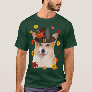 Corgi Wearing Hat Fall Leaf Pumpkin Thanksgiving - T-Shirt