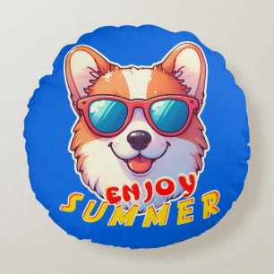 Corgi wears sunglasses Enjoy summer Round Cushion