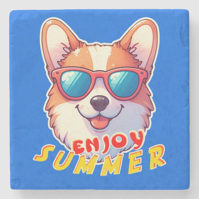 Corgi wears sunglasses Enjoy summer Stone Coaster (Front)