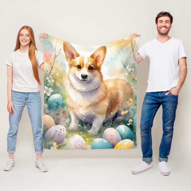 Corgi with Easter Eggs Holiday Fleece Blanket (In Situ)