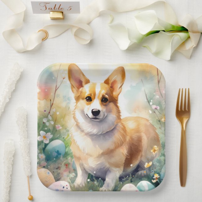 Corgi with Easter Eggs Holiday Paper Plate (Wedding)