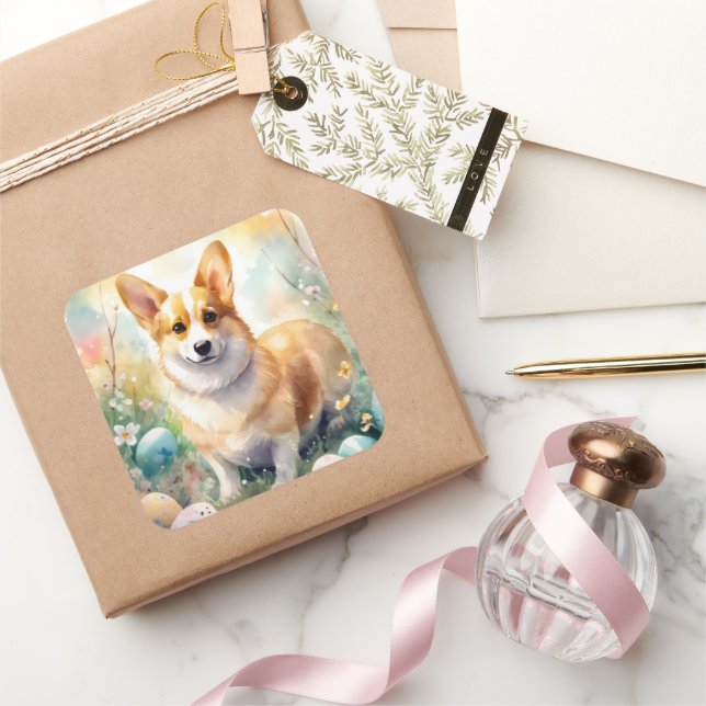 Corgi with Easter Eggs Holiday Square Sticker (Gifting)