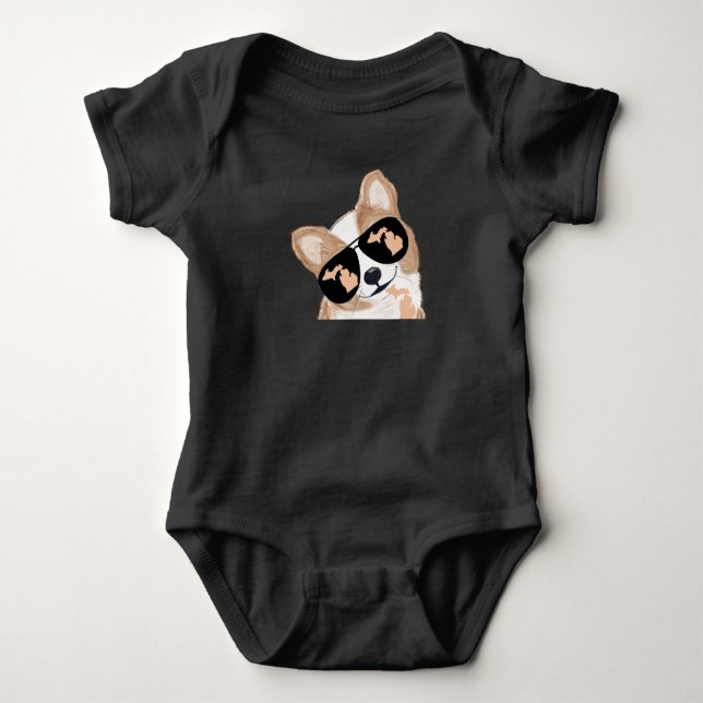 Corgi - with Michigan map outline in glasses! Baby Bodysuit (Front)