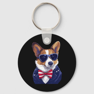 Corgi With Patriotic Usa Flag American Independenc Key Ring