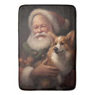 Corgi With Santa Claus Festive Christmas Bath Mat