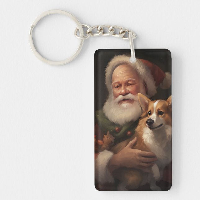 Corgi With Santa Claus Festive Christmas Key Ring (Front)