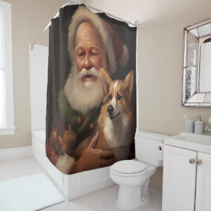 Corgi With Santa Claus Festive Christmas Shower Curtain