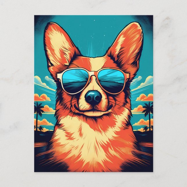 Corgi with sunglasses at a tropical beach postcard (Front)