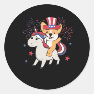 Corgi With Unicorn For The Fourth Of July Classic Round Sticker