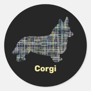 Corgi Yellow & Black Grid Line Classic Round Sticker