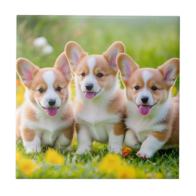 Corgies playing in the grass ceramic tile (Front)