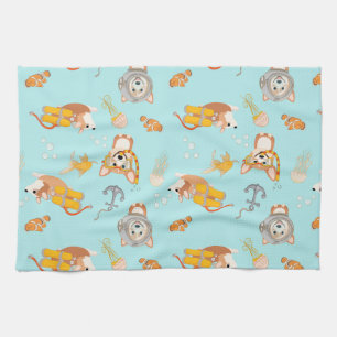 Corgis Are Diving In Ocean Pattern Tea Towel