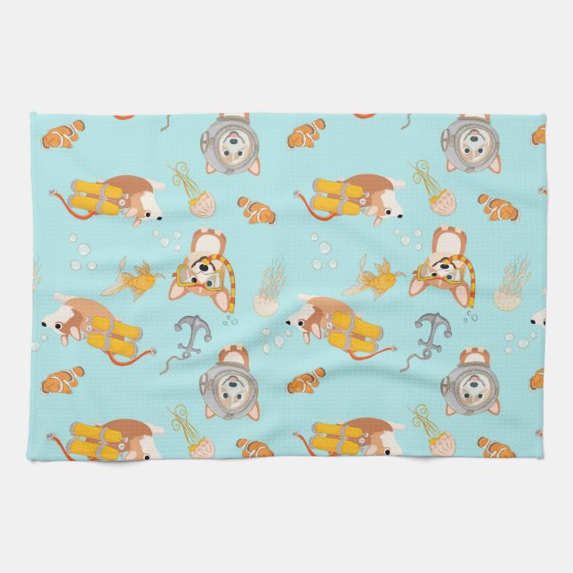 Corgis Are Diving In Ocean Pattern Tea Towel (Horizontal)