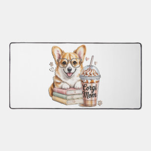 Corgis Books and Iced Coffee for Dog Desk Mat