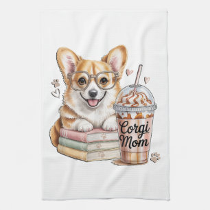 Corgis Books and Iced Coffee for Dog Tea Towel
