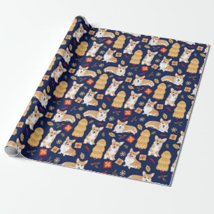Corgis celebrate christmas- blue pattern wrapping paper