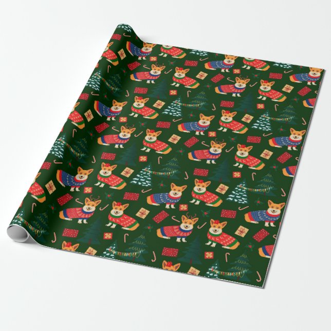 Corgis celebrate christmas- green pattern wrapping paper (Unrolled)
