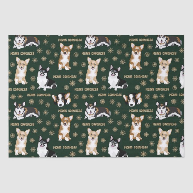 Corgis celebrate christmas- green pattern wrapping tissue paper (Front)