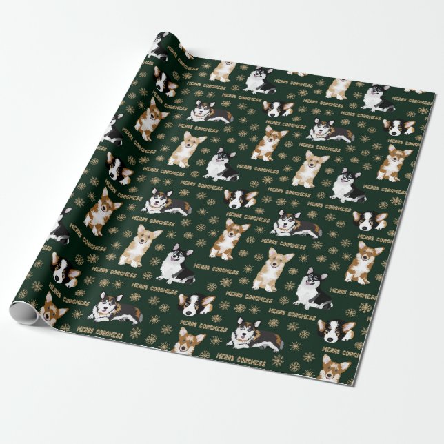 Corgis celebrate christmas- green pattern wrapping wrapping paper (Unrolled)