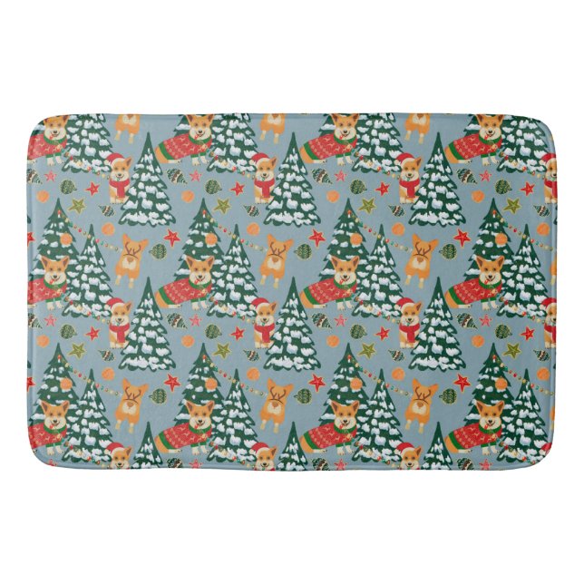 Corgis decorate the Christmas Tree in Forest Bath Mat (Front)