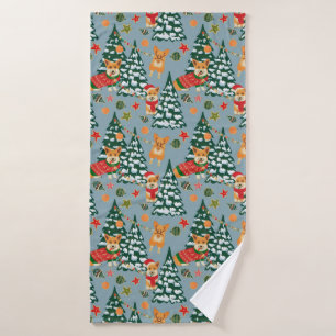 Corgis decorate the Christmas Tree in Forest Bath Towel Set