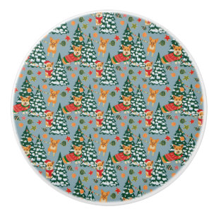 Corgis decorate the Christmas Tree in Forest Ceramic Knob