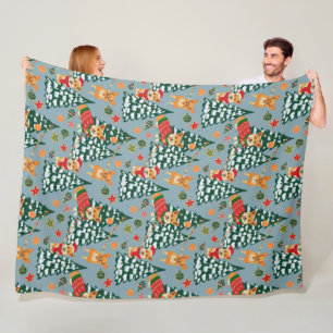 Corgis decorate the Christmas Tree in Forest Fleece Blanket
