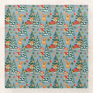 Corgis decorate the Christmas Tree in Forest Glass Coaster