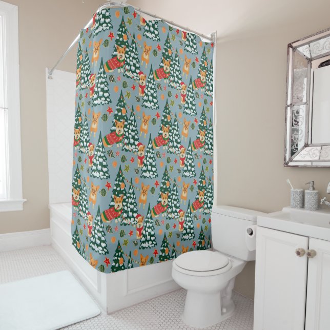 Corgis decorate the Christmas Tree in Forest Shower Curtain (In Situ)