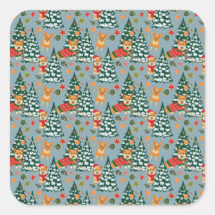 Corgis decorate the Christmas Tree in Forest Square Sticker