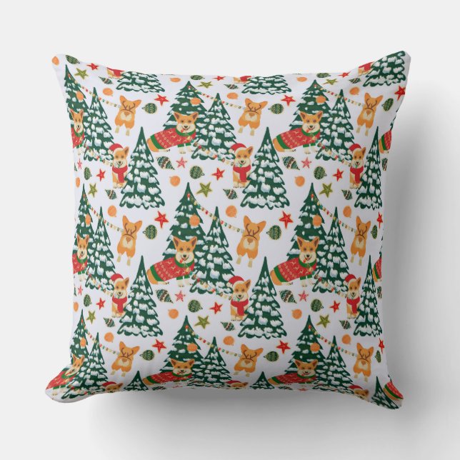 Corgis decorate the Christmas Tree -White Pattern Cushion (Front)