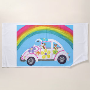 Corgis in Hippie Car at the Beach with a Rainbow Towel