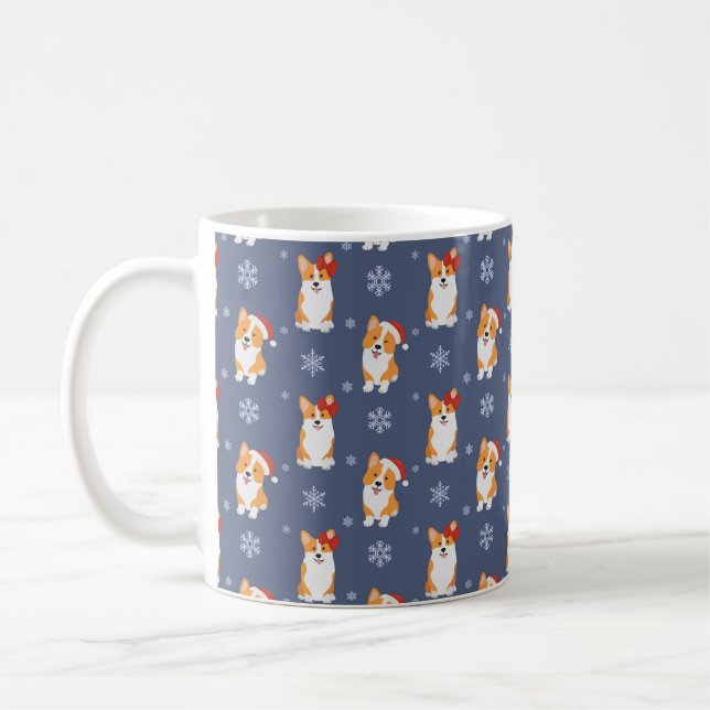 Corgis in Santa Hats and Snowflakes Pattern Coffee Mug (Left)