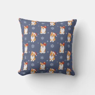 Corgis in Santa Hats and Snowflakes Pattern Cushion