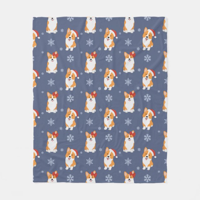 Corgis in Santa Hats and Snowflakes Pattern Fleece Blanket (Front)