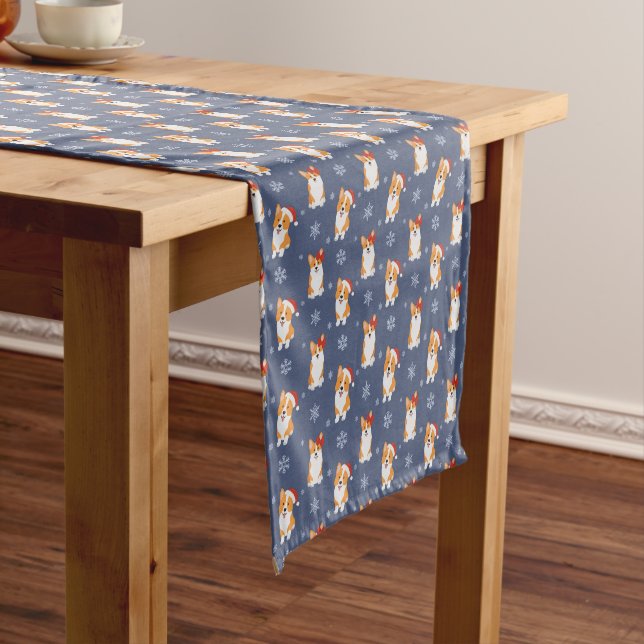 Corgis in Santa Hats and Snowflakes Pattern Short Table Runner (In Situ)