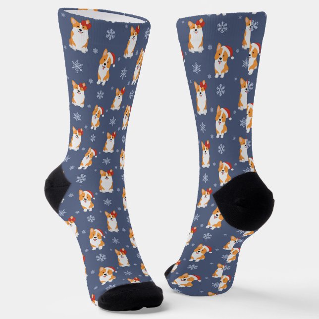Corgis in Santa Hats and Snowflakes Pattern Socks (Angled)