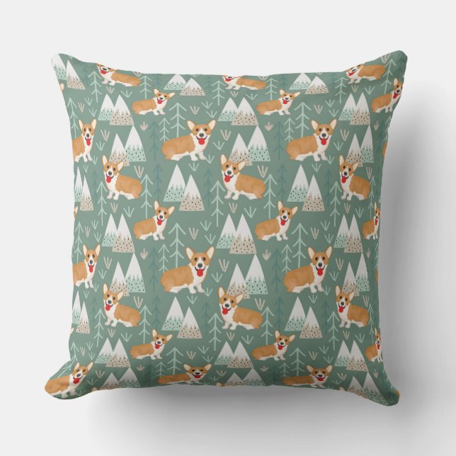 Corgis in the Mountains Forest Pattern Cushion (Front)