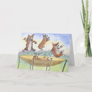 Corgis on a Trampoline Birthday CARD