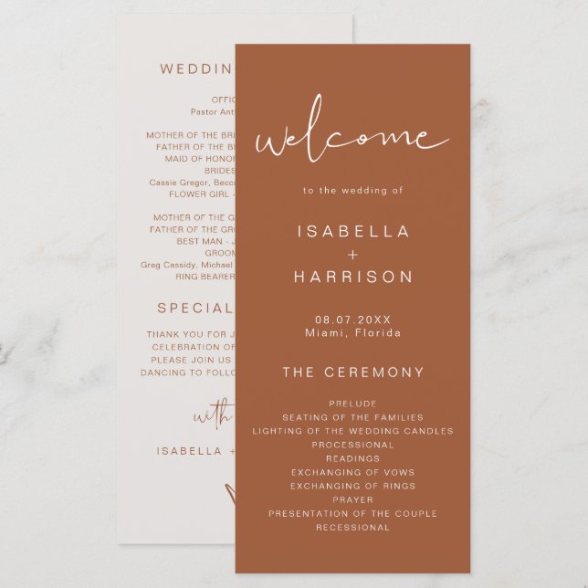 CORIANDER Bohemian Burnt Orange Wedding Program (Front/Back)