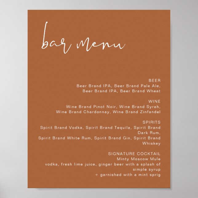 CORIANDER Terracotta Wedding Bar Menu Poster (Front)