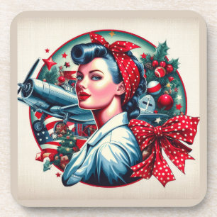 Cork Backed Coaster - Rosie the Riveter Christmas