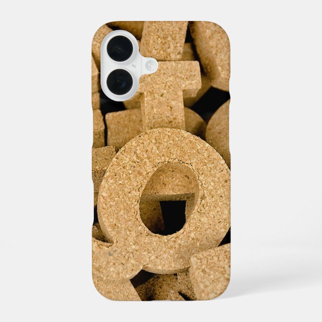 Cork block letters iPhone 16 case (Back)