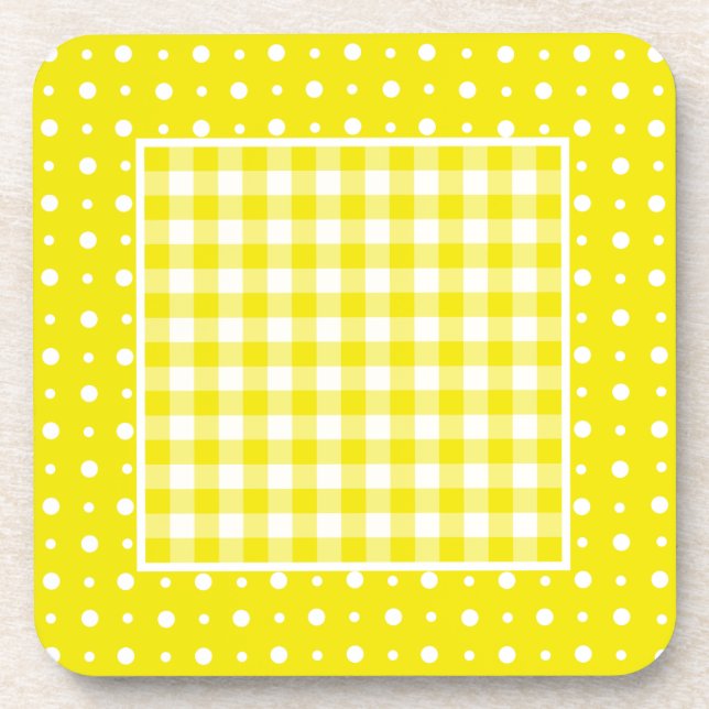Cork Coasters, Yellow Check Gingham and Polka Dots Coaster (Front)