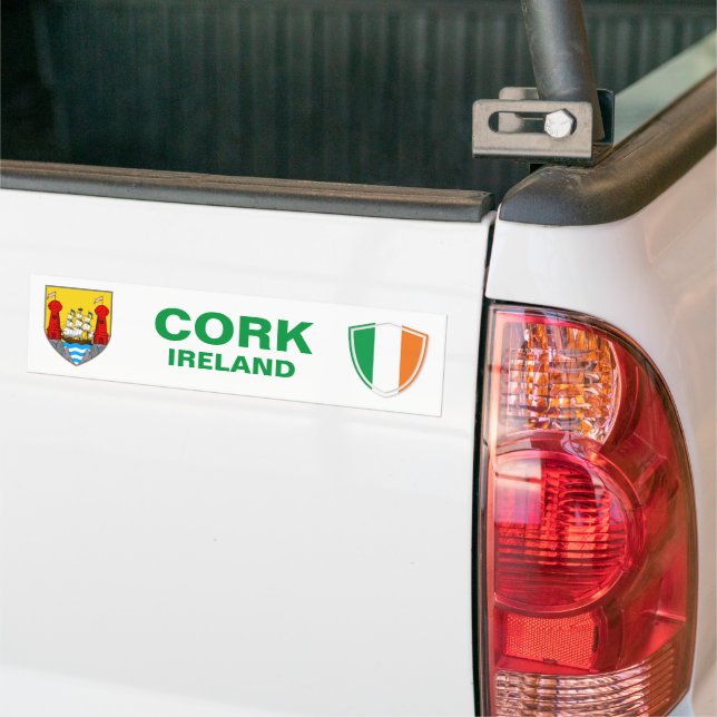 Cork Ireland Crest and Irish Flag Bumper Sticker (On Truck)