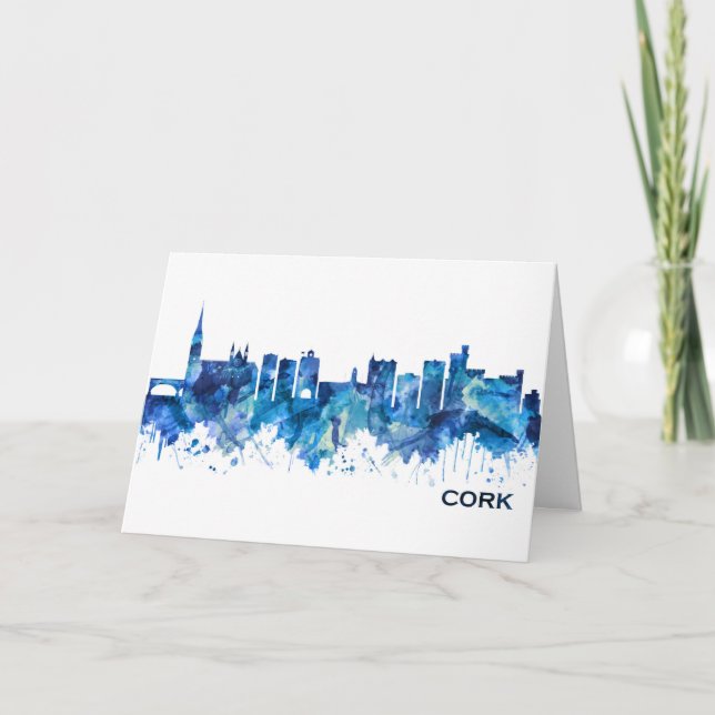 Cork Ireland Skyline Blue Holiday Card (Front)