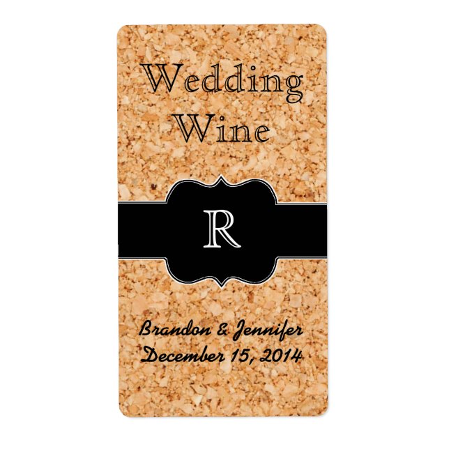 Cork Look and Monogram Wedding Mini Wine Label (Front)