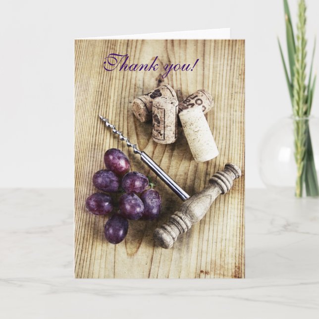 Corks, grapes and corkscrew on wood thank you card (Front)