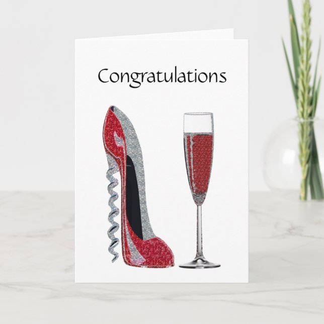 Corkscrew Heel Red Stiletto and Champagne Glass Card (Front)